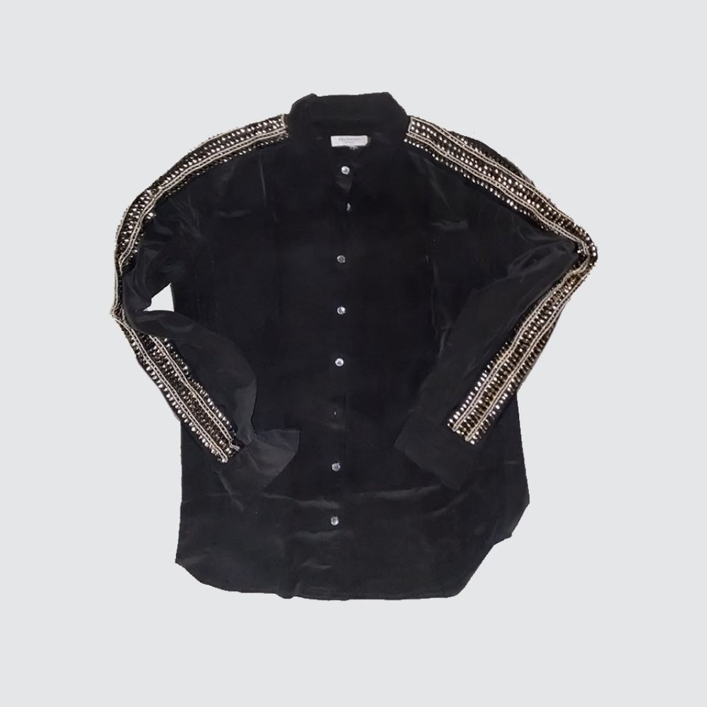 Equipment Femme Long Sleeve Silk Embellished Button-up Blouse - Black/Silver
